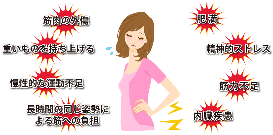 筋肉の外傷・重いものを持ち上げる・慢性的な運動不足・長時間の同じ姿勢による筋への負担・肥 満・精神的ストレス・筋力不足・内臓疾患
