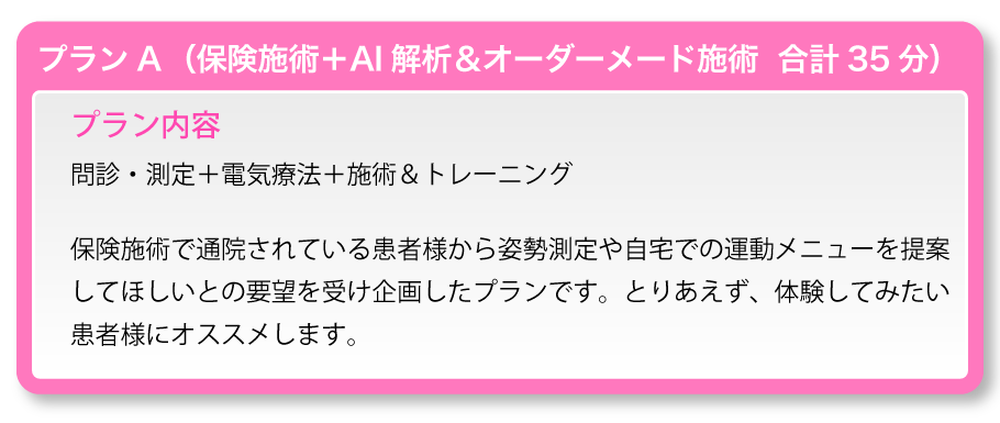 プランA(保険施術+AI解析&オーダーメード施術 合計35分)プラン内容:問診・測定+電気療法+施術&トレーニング 保険施術で通院されている患者様から姿勢測定や自宅での運動メニューを提案してほしいとの要望を受け企画したプランです。とりあえず、体験してみたい患者様にオススメします。