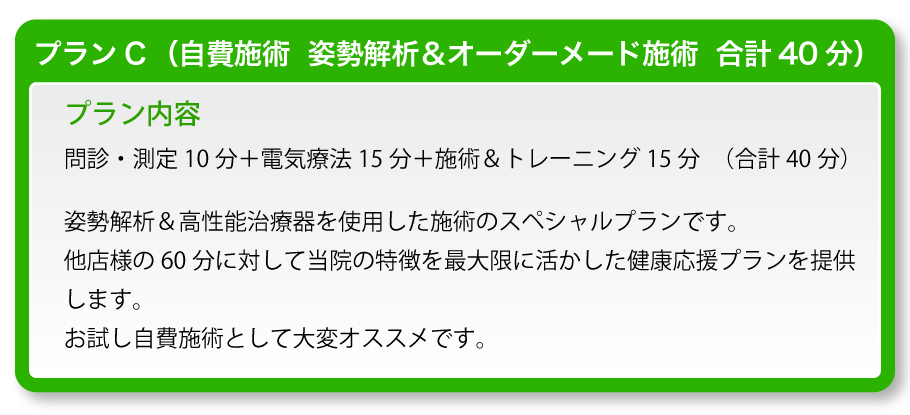 プランC(自費施術 姿勢解析&オーダーメード施術 合計40分)プラン内容:問診・測定10分+電気療法15分+施術&トレーニング15分(合計40分)姿勢解析&高性能治療器を使用した施術のスペシャルプランです。他店様の60分に対して当院の特徴を最大限に活かした健康応援プランを提供します。お試し自費施術として大変オススメです。