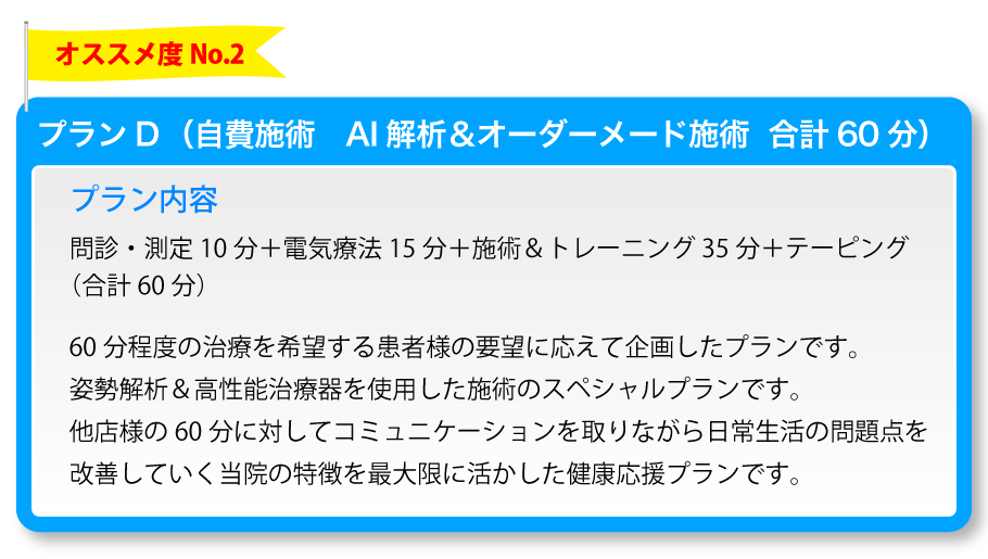 オススメ度No.2 プランD(自費施術 AI解析&オーダーメード施術 合計60分)プラン内容:問診・測定10分+電気療法15分+施術&トレーニング35分+テーピング
(合計60分)60分程度の治療を希望する患者様の要望に応えて企画したプランです。姿勢解析&高性能治療器を使用した施術のスペシャルプランです。他店様の60分に対してコミュニケーションを取りながら日常生活の問題点を改善していく当院の特徴を最大限に活かした健康応援プランです。