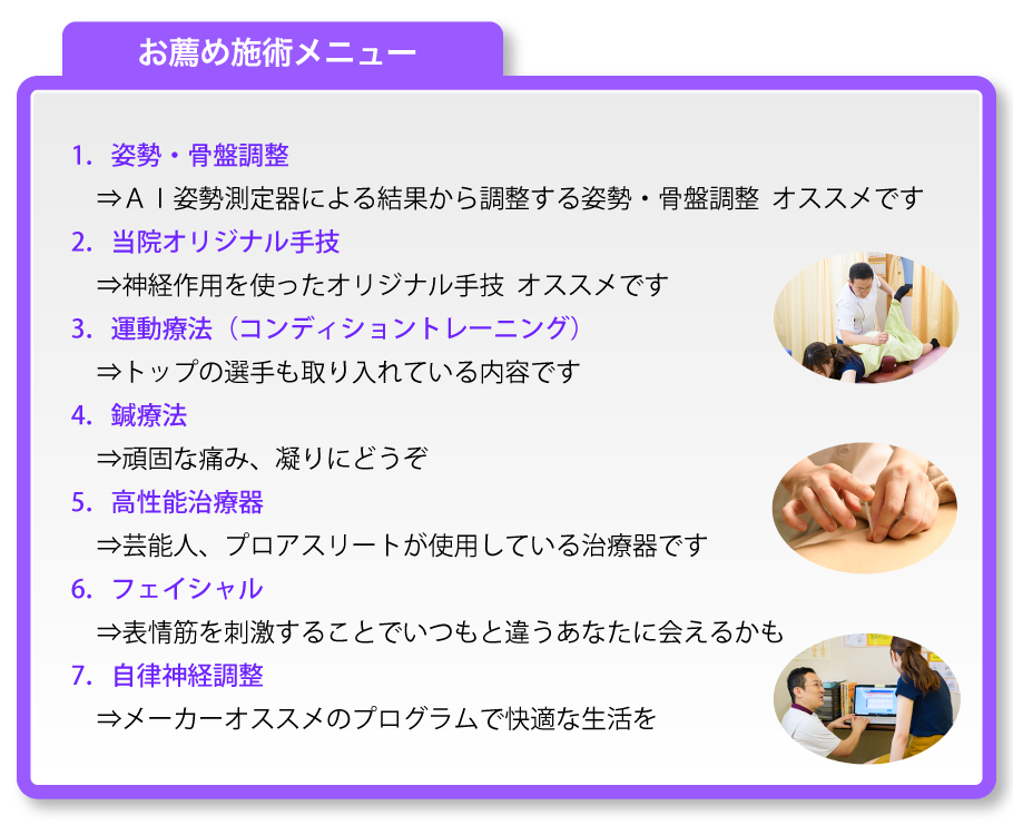 お薦め施術メニュー:1.姿勢・骨盤調整⇒AI姿勢測定器による結果から調整する姿勢・骨盤調整 オススメです 2.当院オリジナル手技⇒神経作用を使ったオリジナル手技 オススメです 3.運動療法(コンディショントレーニング)⇒トップの選手も取り入れている内容です 4.鍼療法⇒頑固な痛み、凝りにどうぞ 5.高性能治療器⇒芸能人、プロアスリートが使用している治療器です 6.フェイシャル⇒表情筋を刺激することでいつもと違うあなたに会えるかも 7.自律神経調整⇒メーカーオススメのプログラムで快適な生活を