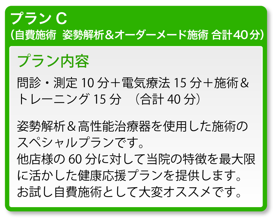 プランC(自費施術 姿勢解析&オーダーメード施術 合計40分)プラン内容:問診・測定10分+電気療法15分+施術&トレーニング15分(合計40分)姿勢解析&高性能治療器を使用した施術のスペシャルプランです。他店様の60分に対して当院の特徴を最大限に活かした健康応援プランを提供します。お試し自費施術として大変オススメです。